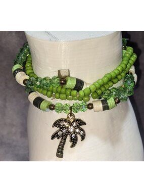 Boho Charming Charlie Green Beaded Palm Tree Charm Multistrand Bracelet